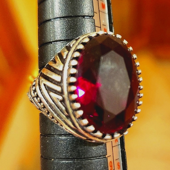 Huge,Super-Chunky, Dark Red, Faceted CZ Ring.The Setting Has A Beautiful Design. - Picture 3 of 4